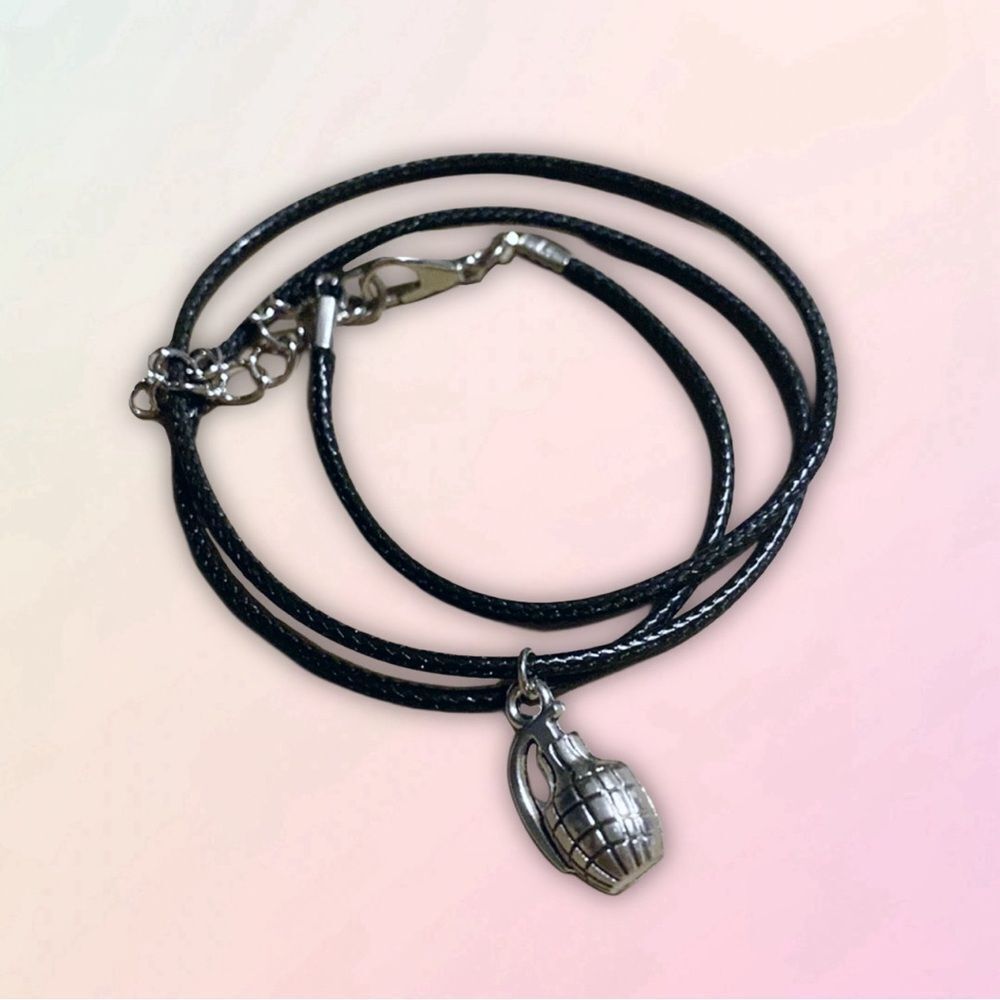 Dainty, Faux Grenade, Charm &  Brown Wax Cord, Adjustable Rope